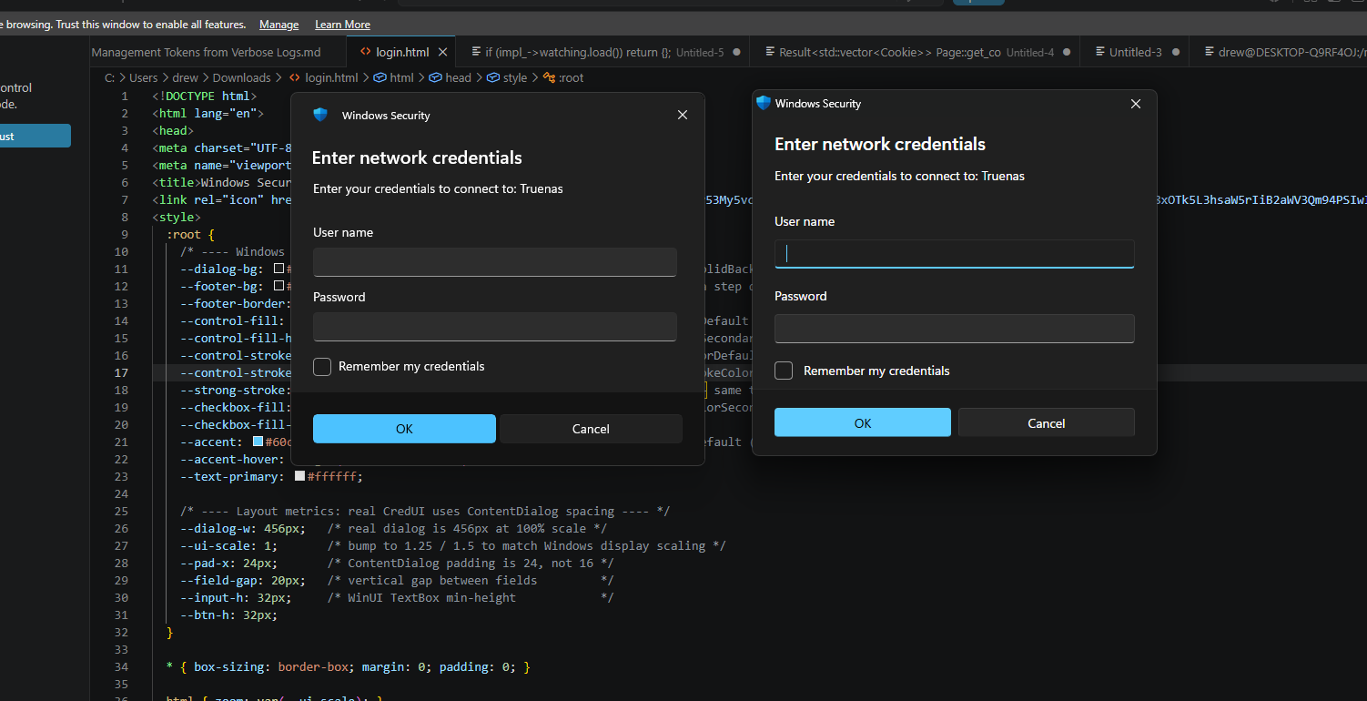 Real Windows 11 credential prompt (left) vs fake Chrome version (right)